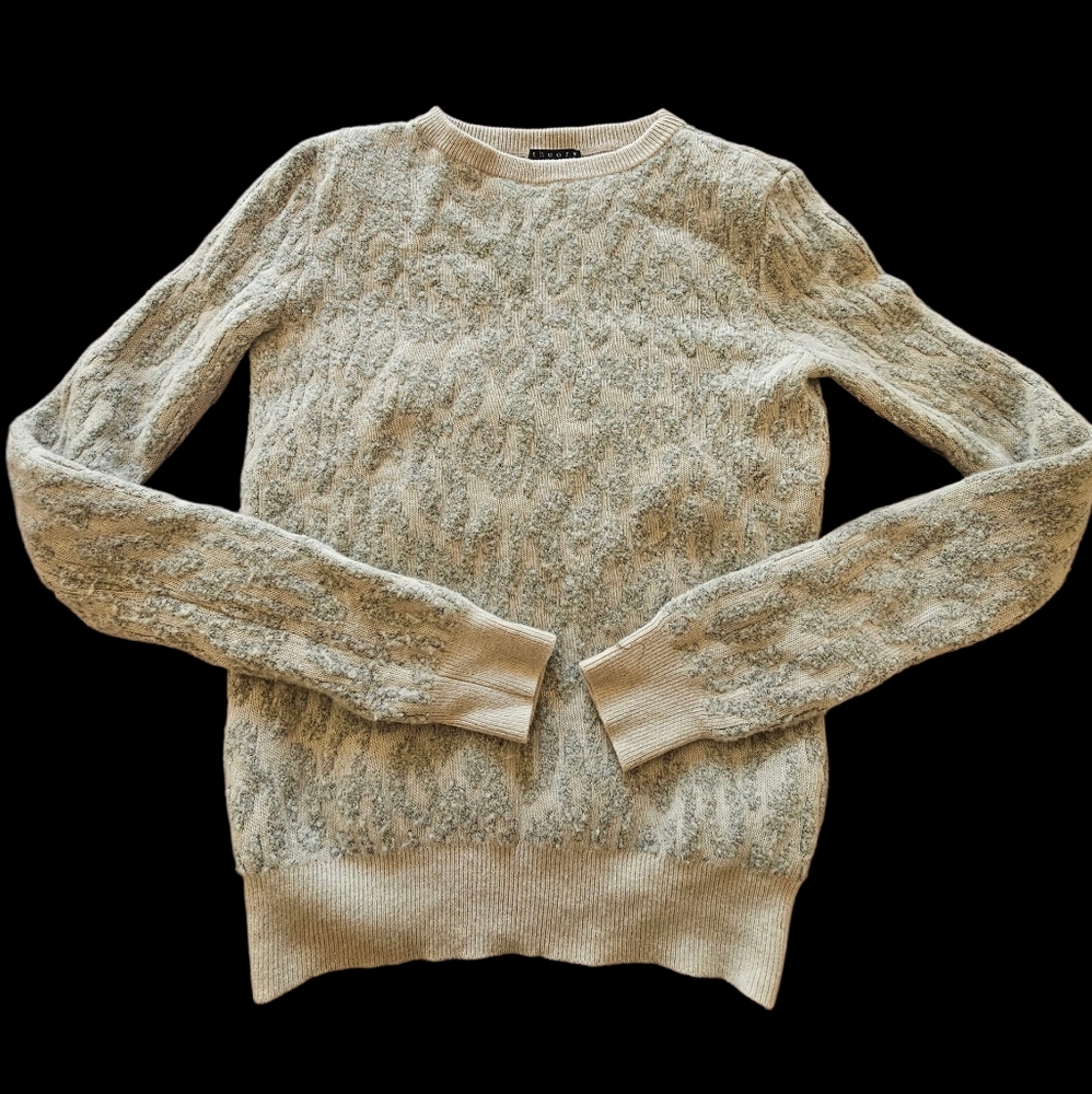 Theory Wool Blend Cable Knit Sweater in‎ Cream and Gray Crew Neck Sweater Sz SP